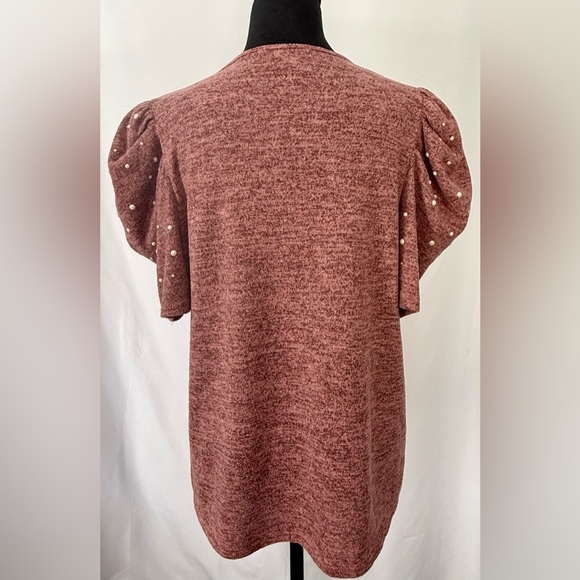 Ivy Ridge, Heather Pink Short Puffed Sleeve Pearl Accents 80's Vibe, Sweater - Picture 4 of 12